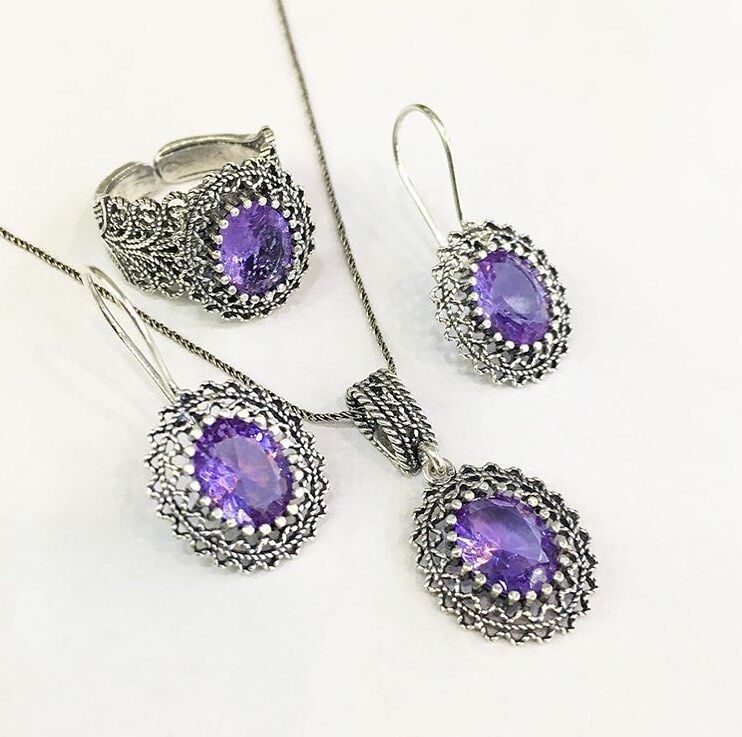 925 AYAR GÜMÜŞ AMETİST TAŞLI SET