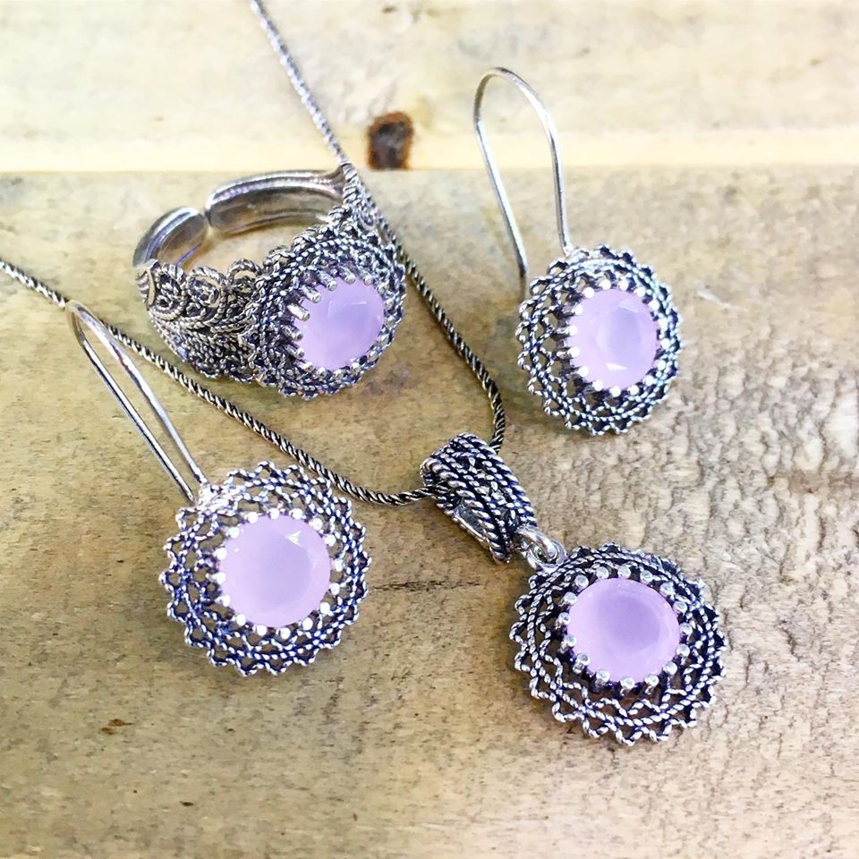 GÜMÜŞ TELKARİ AÇIK PEMBE TAŞLI SET