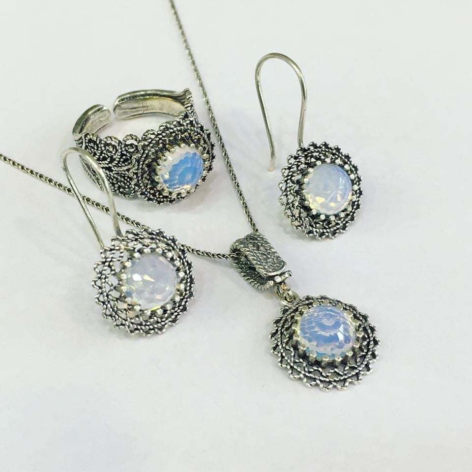 925 AYAR GÜMÜŞ TELKARİ BEYAZ AÇIK MAVİ TAŞLI SET