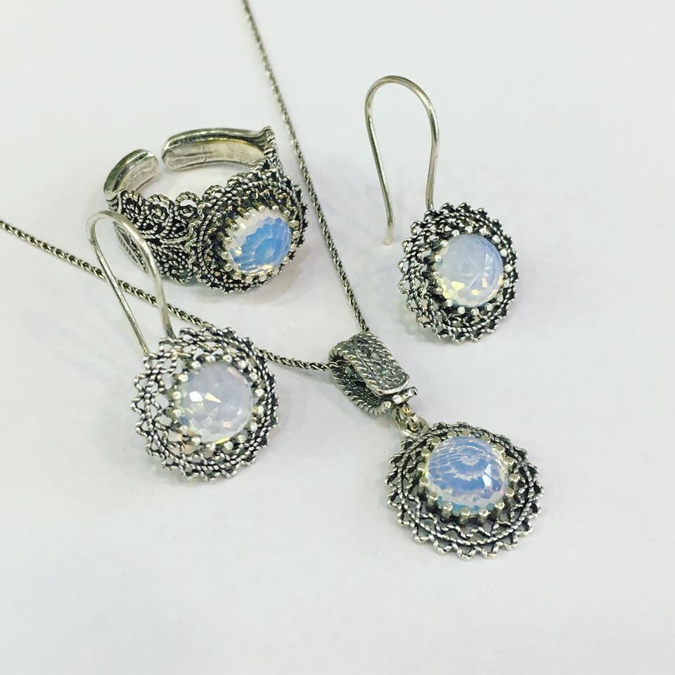 925 AYAR GÜMÜŞ TELKARİ BEYAZ AÇIK MAVİ TAŞLI SET