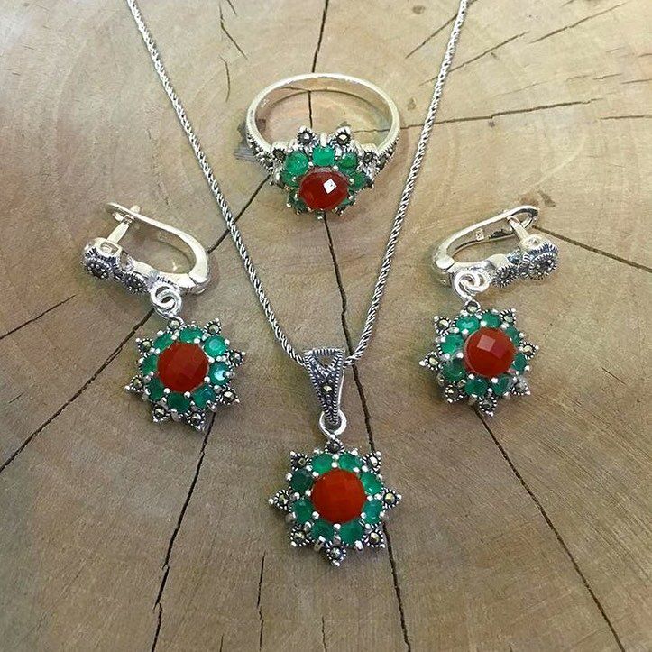 925 Ayar Gümüş Kök Zümrüt ve Akik Markazit Taşlı Set