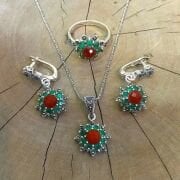 925 Ayar Gümüş Kök Zümrüt ve Akik Markazit Taşlı Set