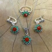 925 Ayar Gümüş Kök Zümrüt ve Akik Markazit Taşlı Set