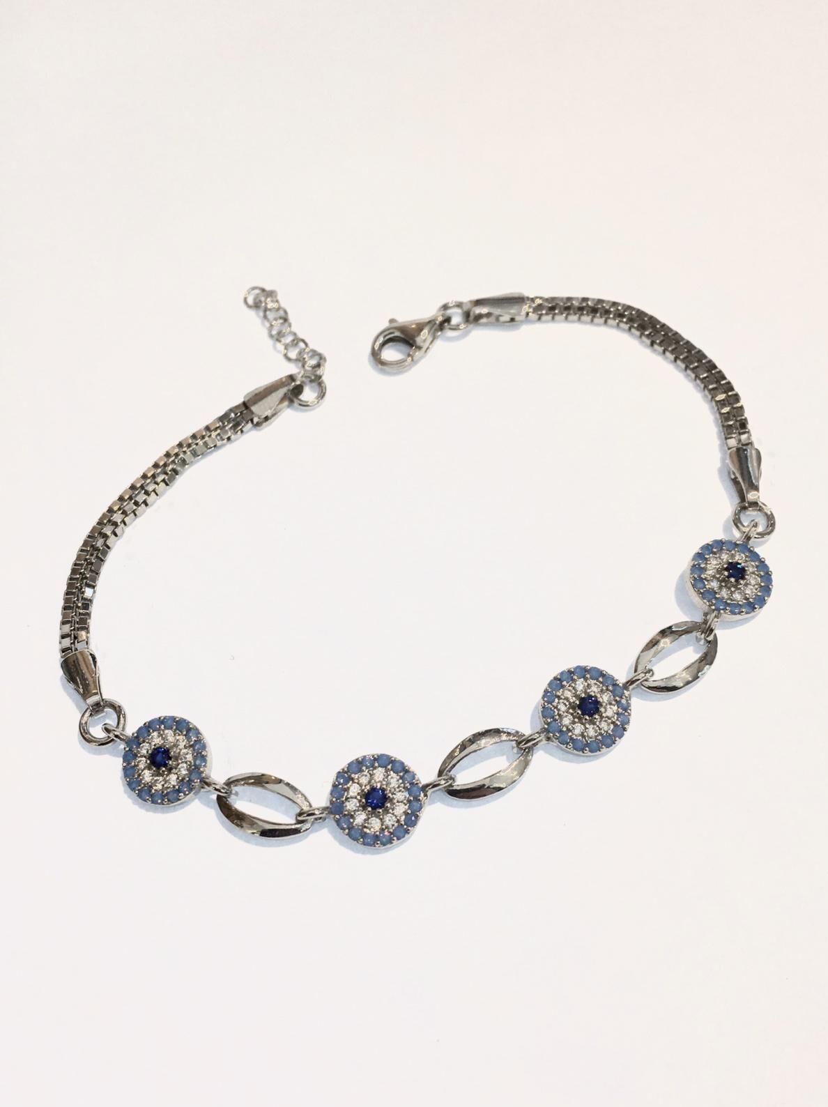 Gümüş Mavi ve Turkuaz Nazar Boncuklu Zirkon Taşlı Bileklik