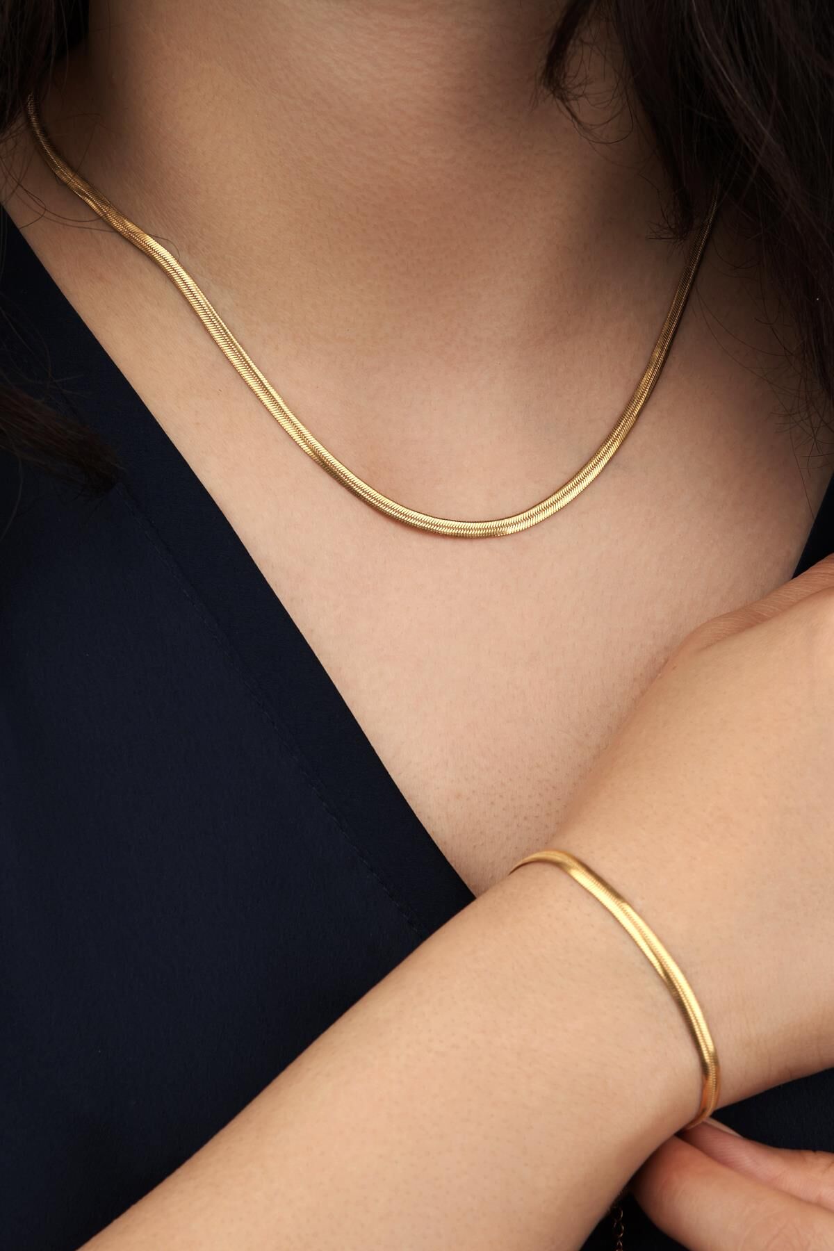 TMT Silver GÜMÜŞ YASSI İTALYAN EZME ZİNCİR ALTIN YALDIZ KAPLAMA  KOLYE VE BİLEKLİK SET