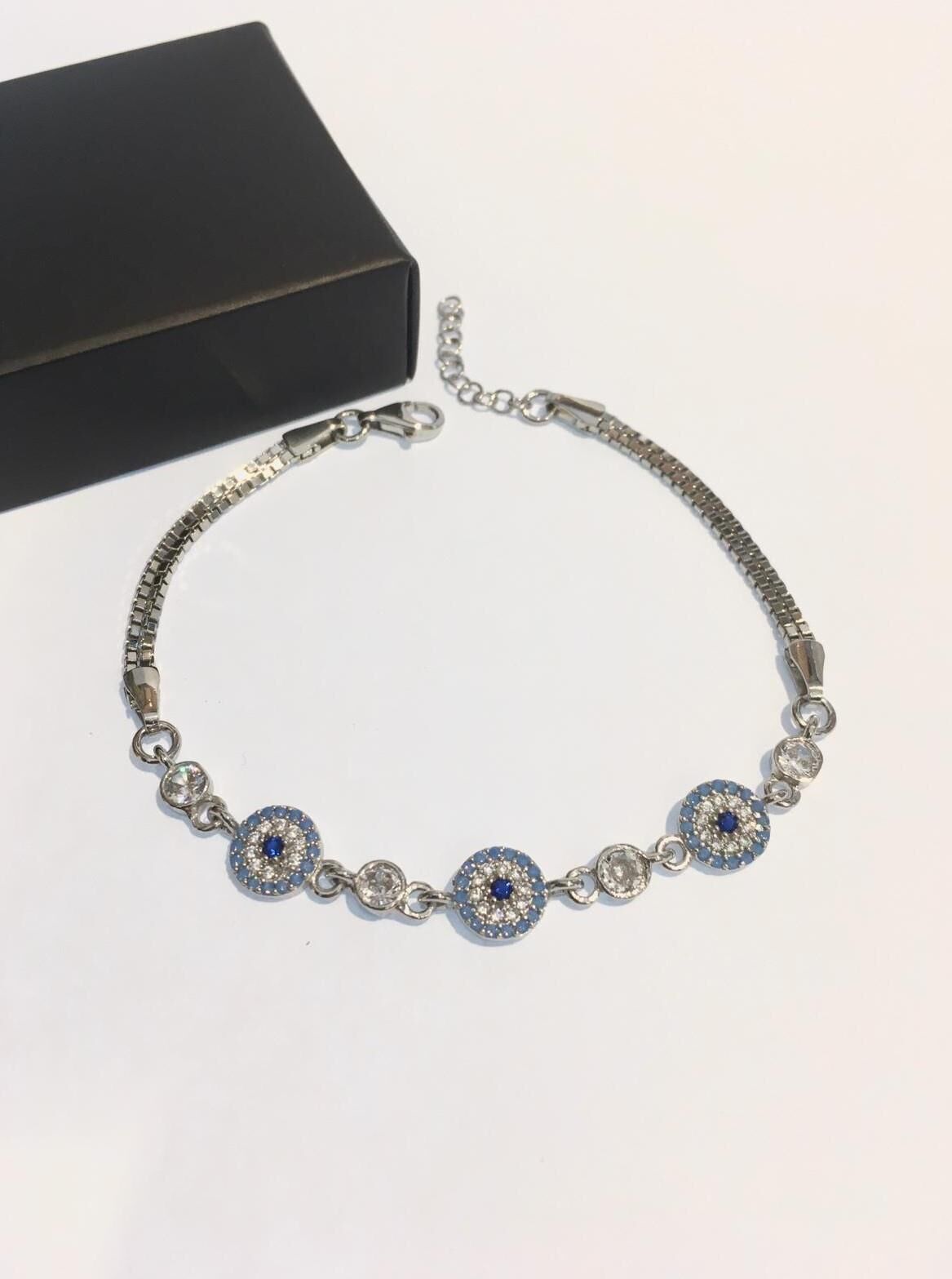 Gümüş Turkuaz Nazar Boncuklu Zirkon Taşlı Bileklik