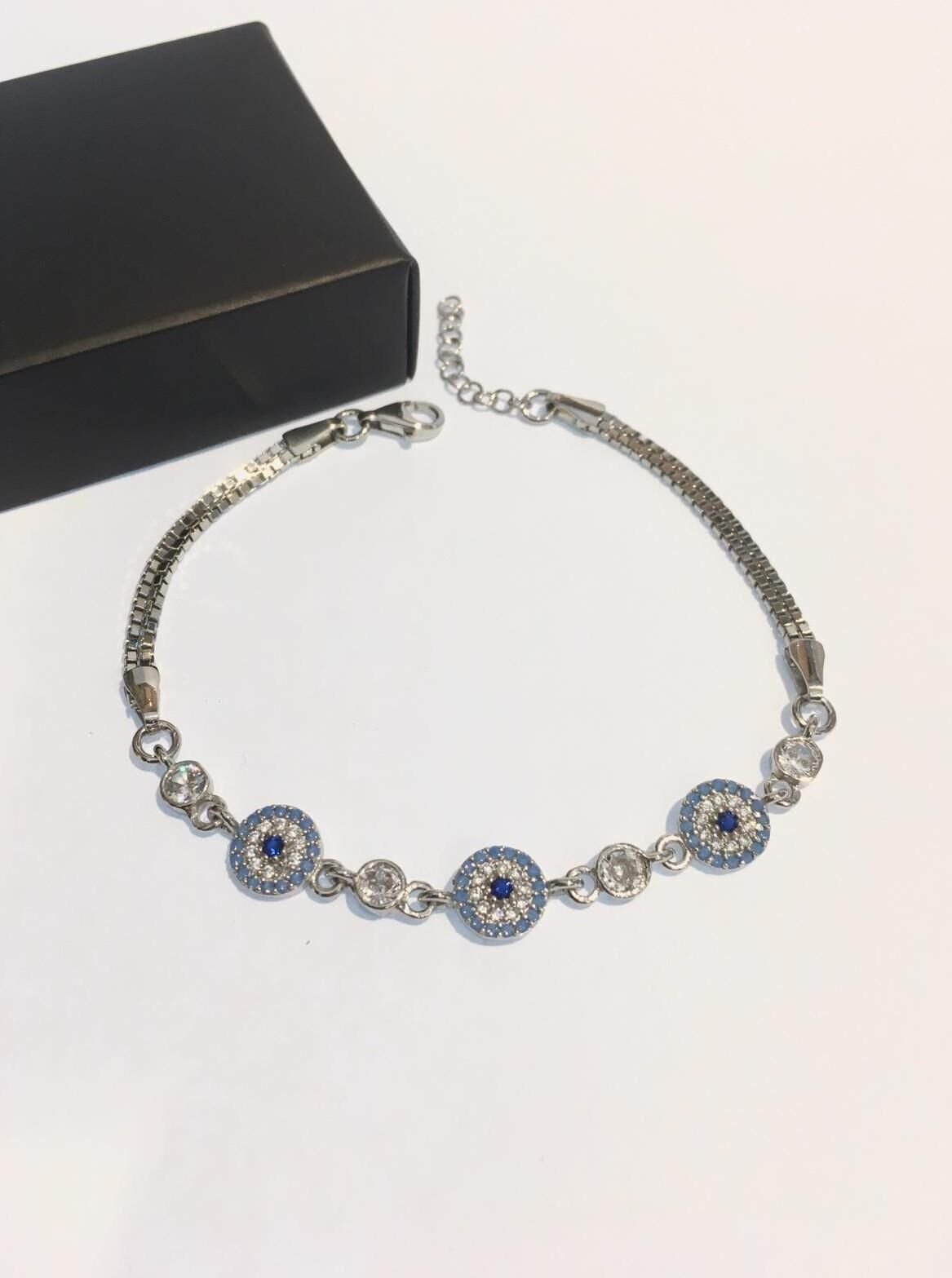 Gümüş Turkuaz Nazar Boncuklu Zirkon Taşlı Bileklik