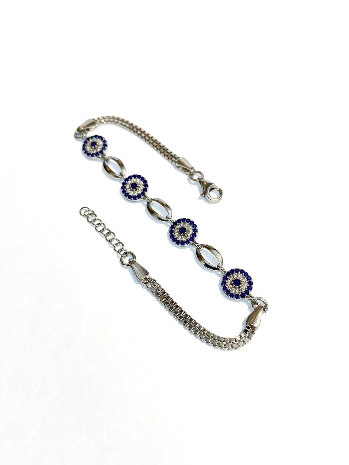 Gümüş Mavi  Nazar Boncuklu Zirkon Taşlı Bileklik