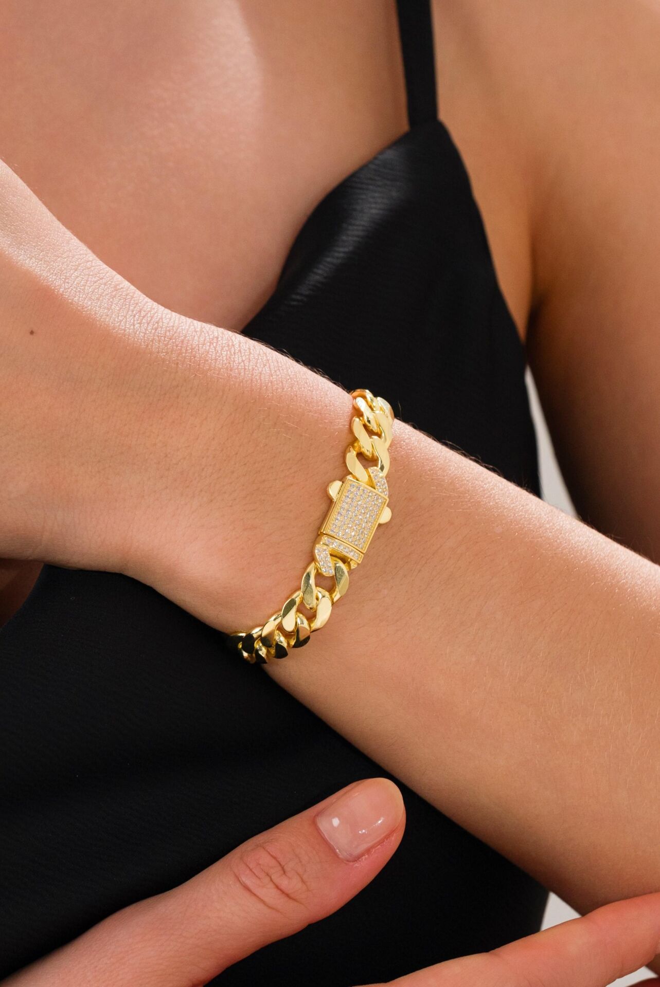 9 mm Gümüş Altın Gold Kaplama Kalın Gurmet Zincir Kilidi Beyaz Zirkon Taşlı Bileklik