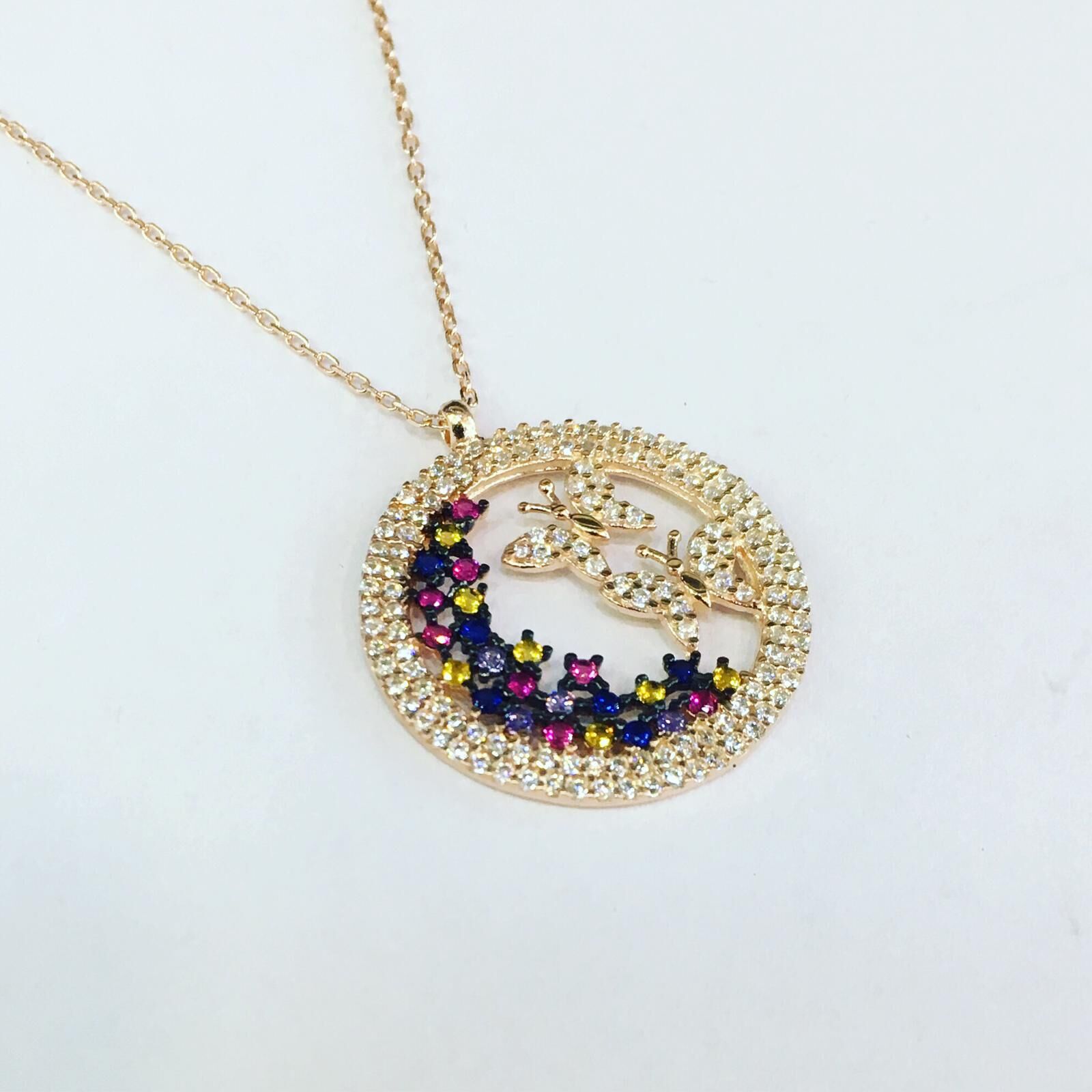 925 AYAR GÜMÜŞ ROSE KELEBEK YUVARLAK KOLYE