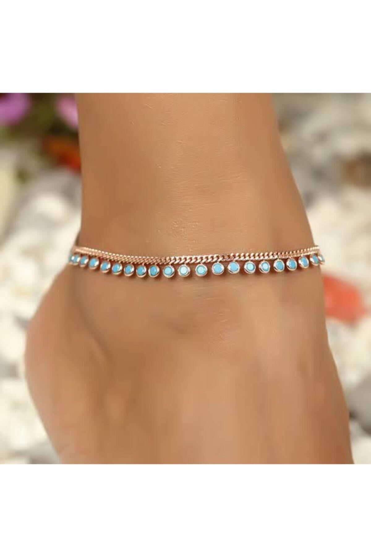 Gümüş Rose Bronz Renk Turkuaz Taşlı Halhal