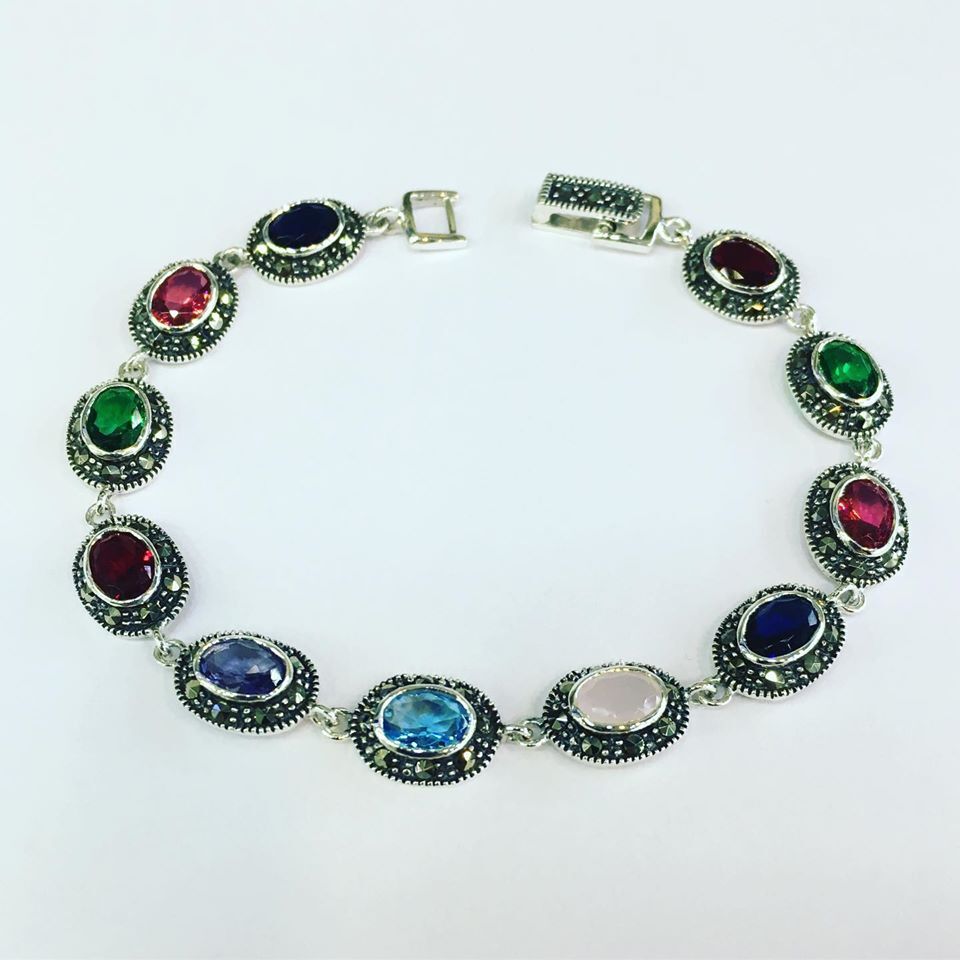 925 AYAR GÜMÜŞ MARKAZİT VE RENKLİ ZİRKON TAŞLI BİLEKLİK