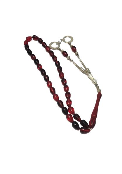 KIRMIZI BORDO ATEŞ RENKLİ TOZ KEHRİBAR DAMLA HABBELİ AY YILDIZ PÜSKÜLLÜ TESBİH