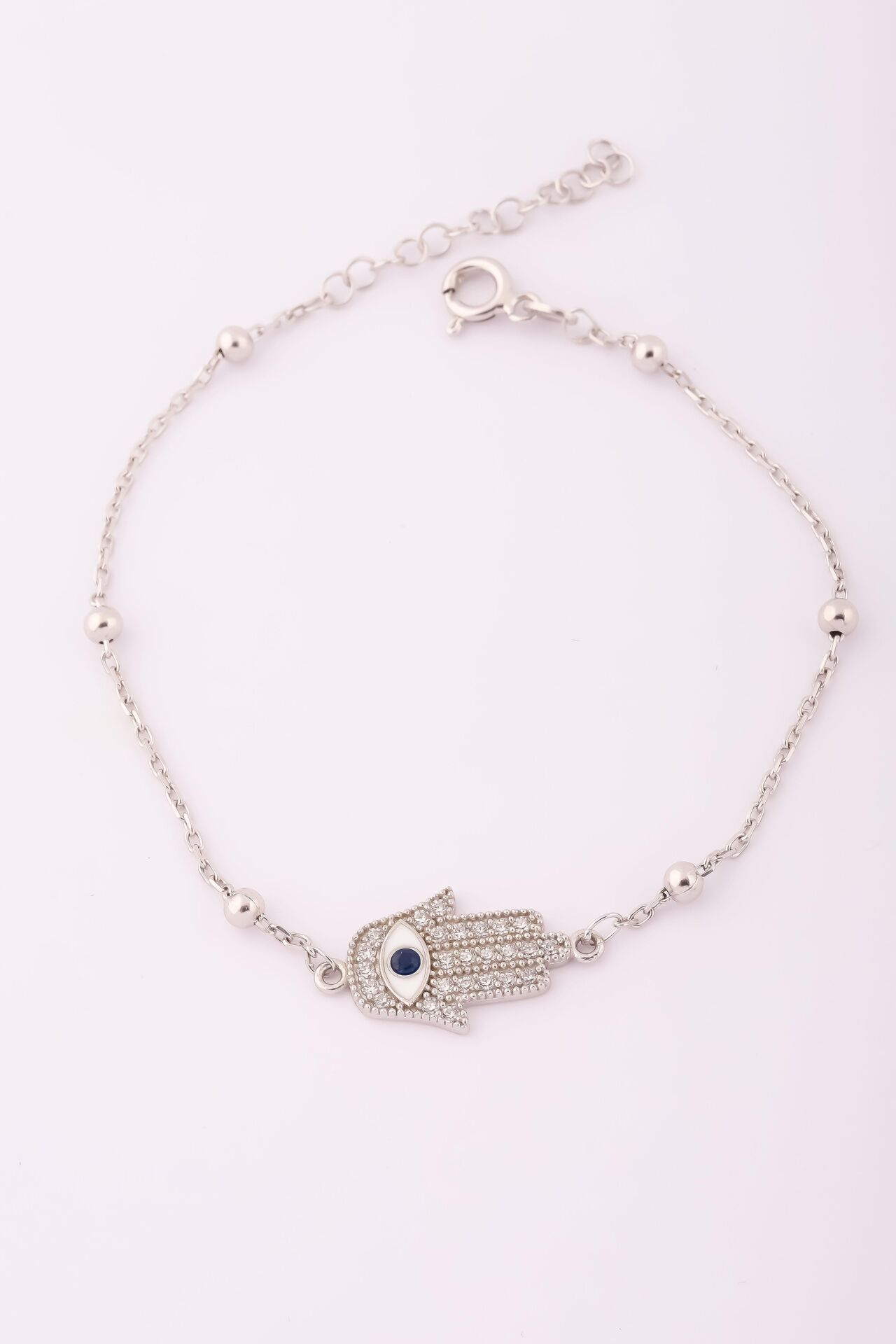 Gümüş Mavi Nazar Boncuklu Göz Fatma Ana Eli Bileklik