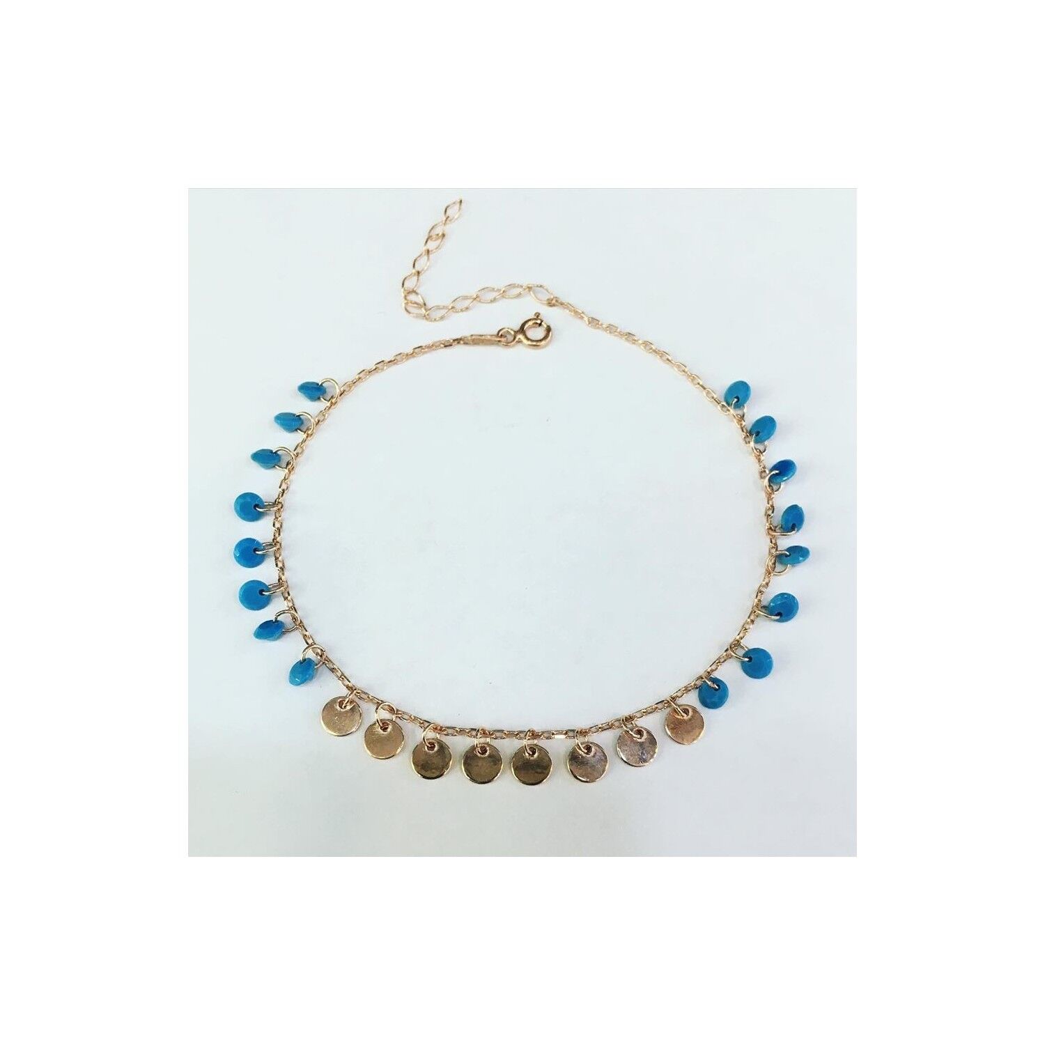 TMT Gümüş Rose Bronz Renk Turkuaz Taşlı Pullu Halhal