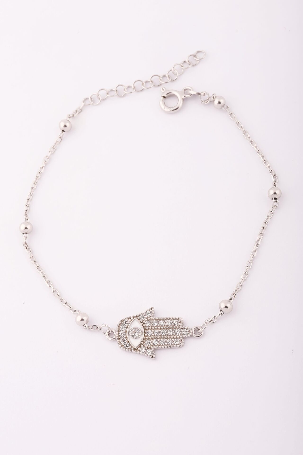 Gümüş Fatma Ana El Göz Beyaz Zirkon Taşlı  Bileklik