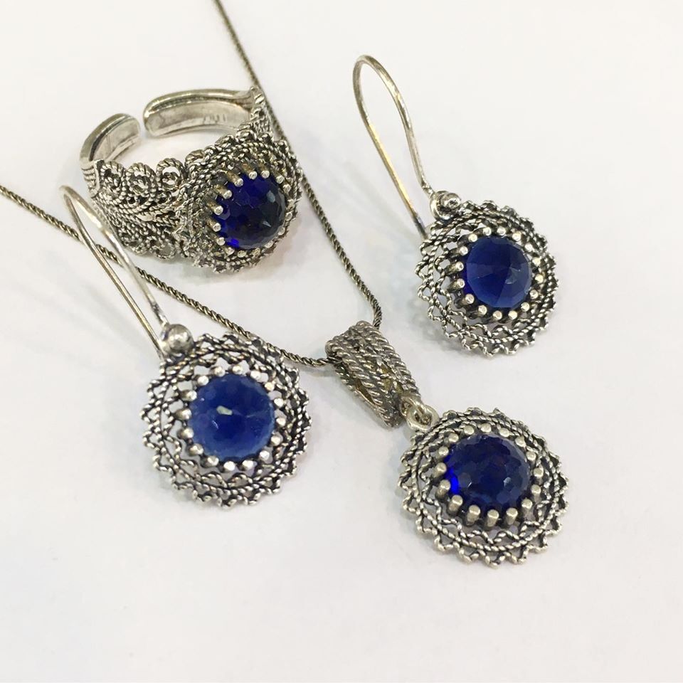 GÜMÜŞ TELKARİ PARLAMENT MAVİSİ YUVARLAK SET