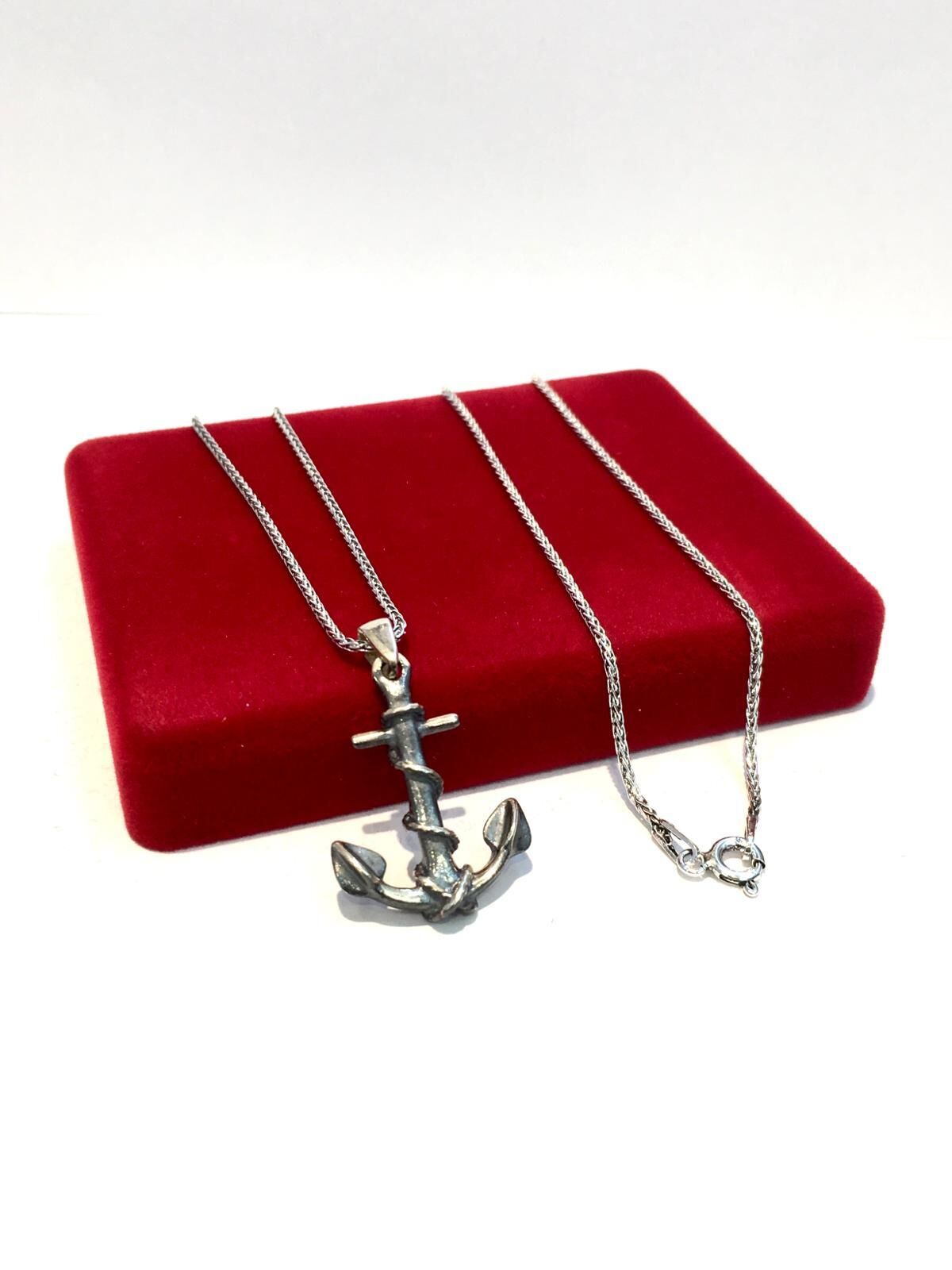 Gümüş Denizci Çapa Çıpa Halat Sarmallı Erkek Kolye 60 CM