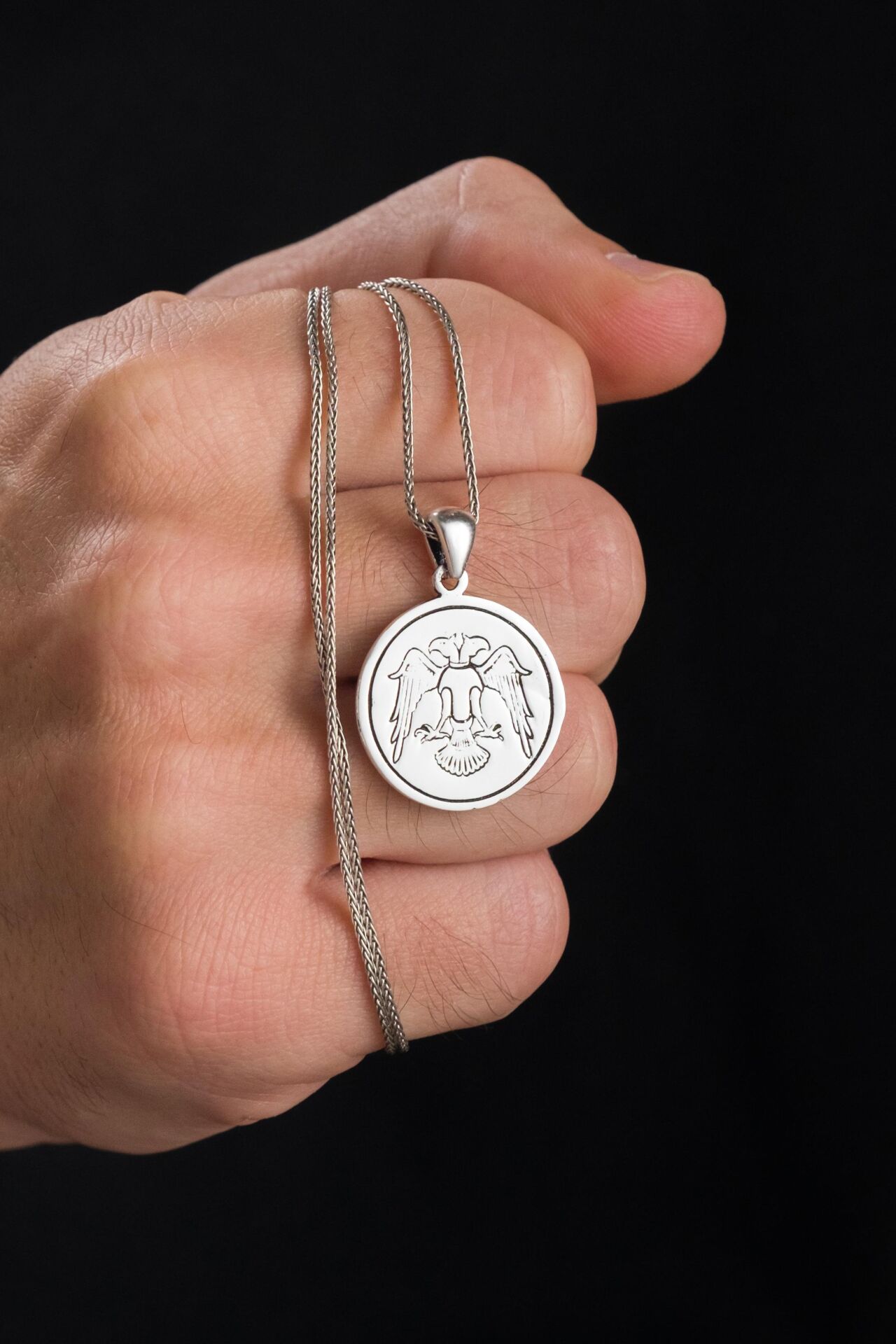 GÜMÜŞ ÇİFT BAŞLI SELÇUKLU KARTAL SİYAH HAFİF MİNELİ ERKEK ZİNCİR KOLYE