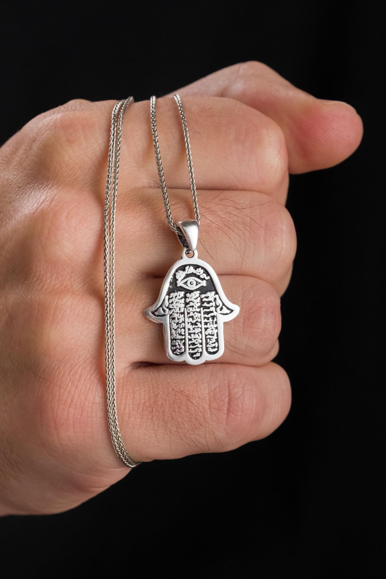 Gümüş Fatma Ana Eli Ayetel Kürsi Yazılı Ayet Göz Model Kolye