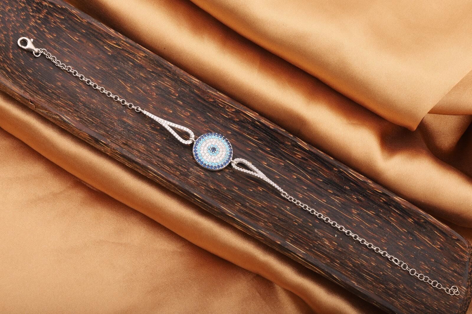 Gümüş Nazar Boncuklu Turkuaz Taşlı Bileklik