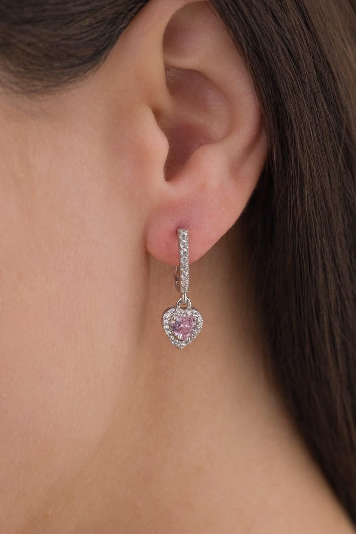 GÜMÜŞ PEMBE ZİRKON TAŞLI KALP  KÜPE