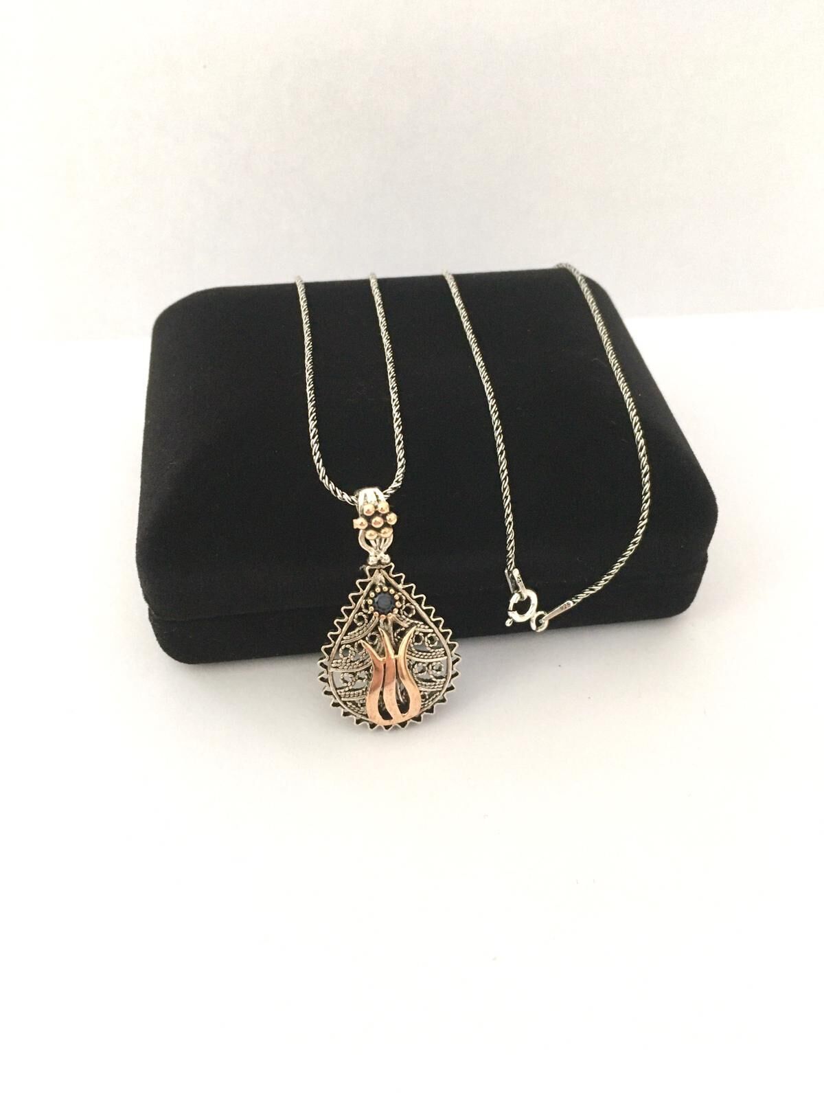 GÜMÜŞ TELKARİ DAMLA LALE KÖK SAFİR TAŞLI KOLYE