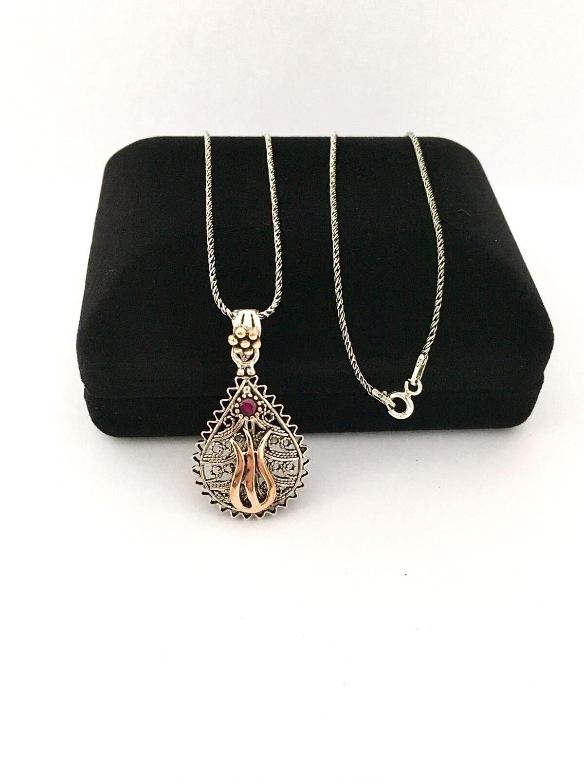 GÜMÜŞ TELKARİ KÖK YAKUT KIRMIZI TAŞLI DAMLA LALE KOLYE