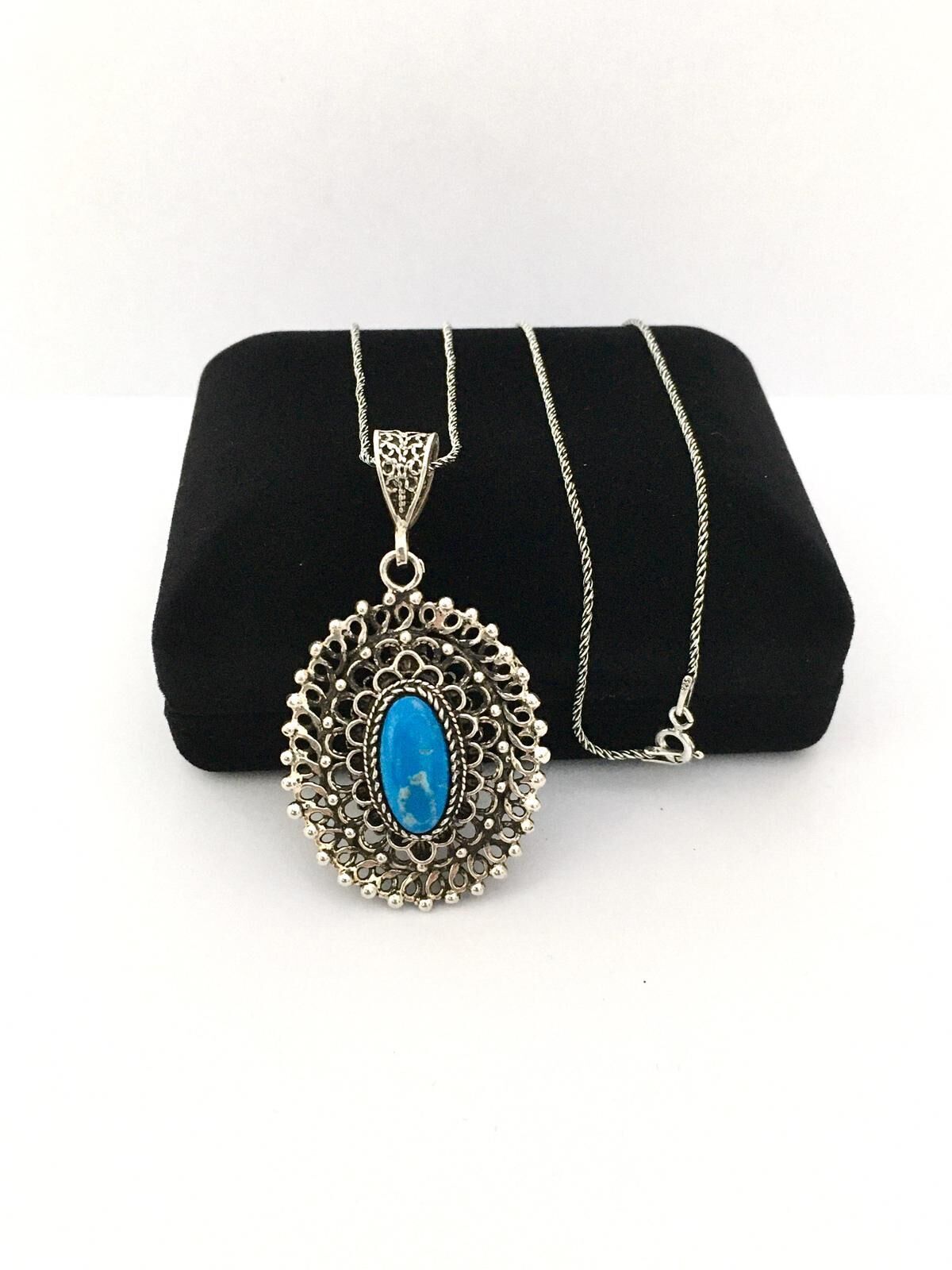 GÜMÜŞ TELKARİ FİRUZE TAŞLI OVAL KOLYE
