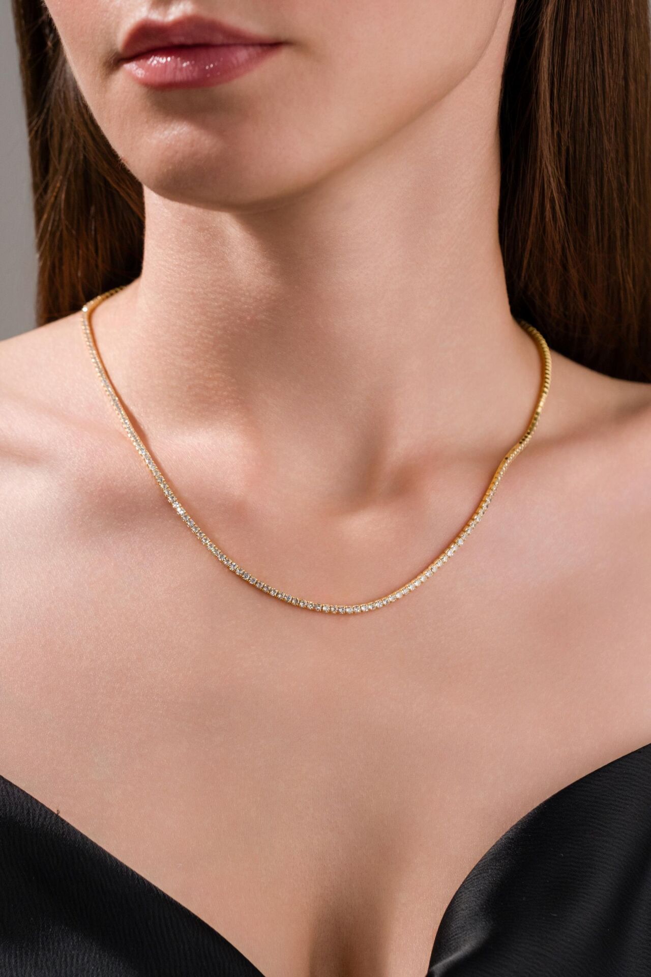 Gümüş 2 MM Altın Gold Kaplama Beyaz Zirkon Taşlı Rodyumlu Su Yolu Kolye