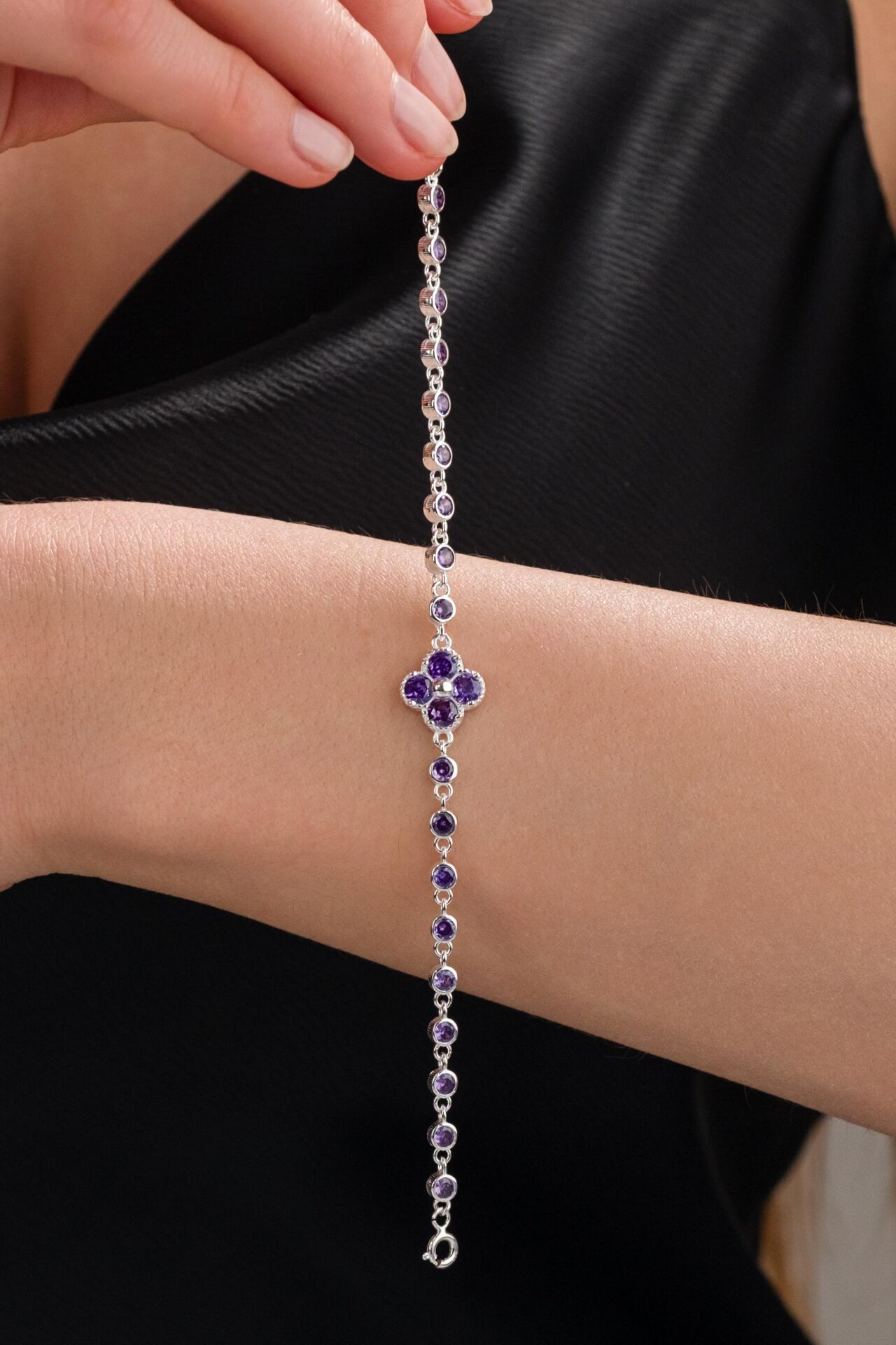 Gümüş Yonca Çiçek Mor Ametist Taşlı Su Yolu Bileklik