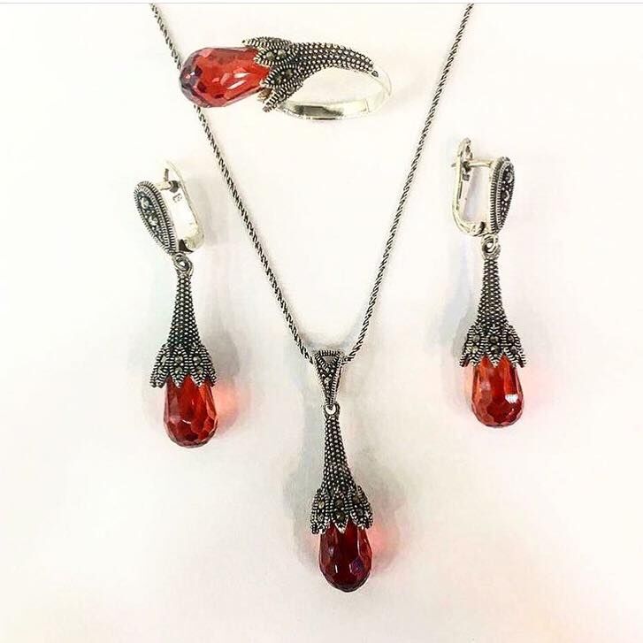 GÜMÜŞ MARKAZİT VE LAL GRANET TAŞLI SET