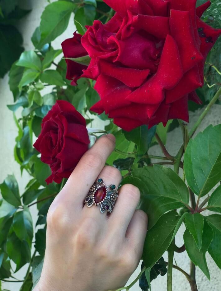 Gümüş Telkari Kök Yakut Taşlı Kelebek Hercai Yüzük