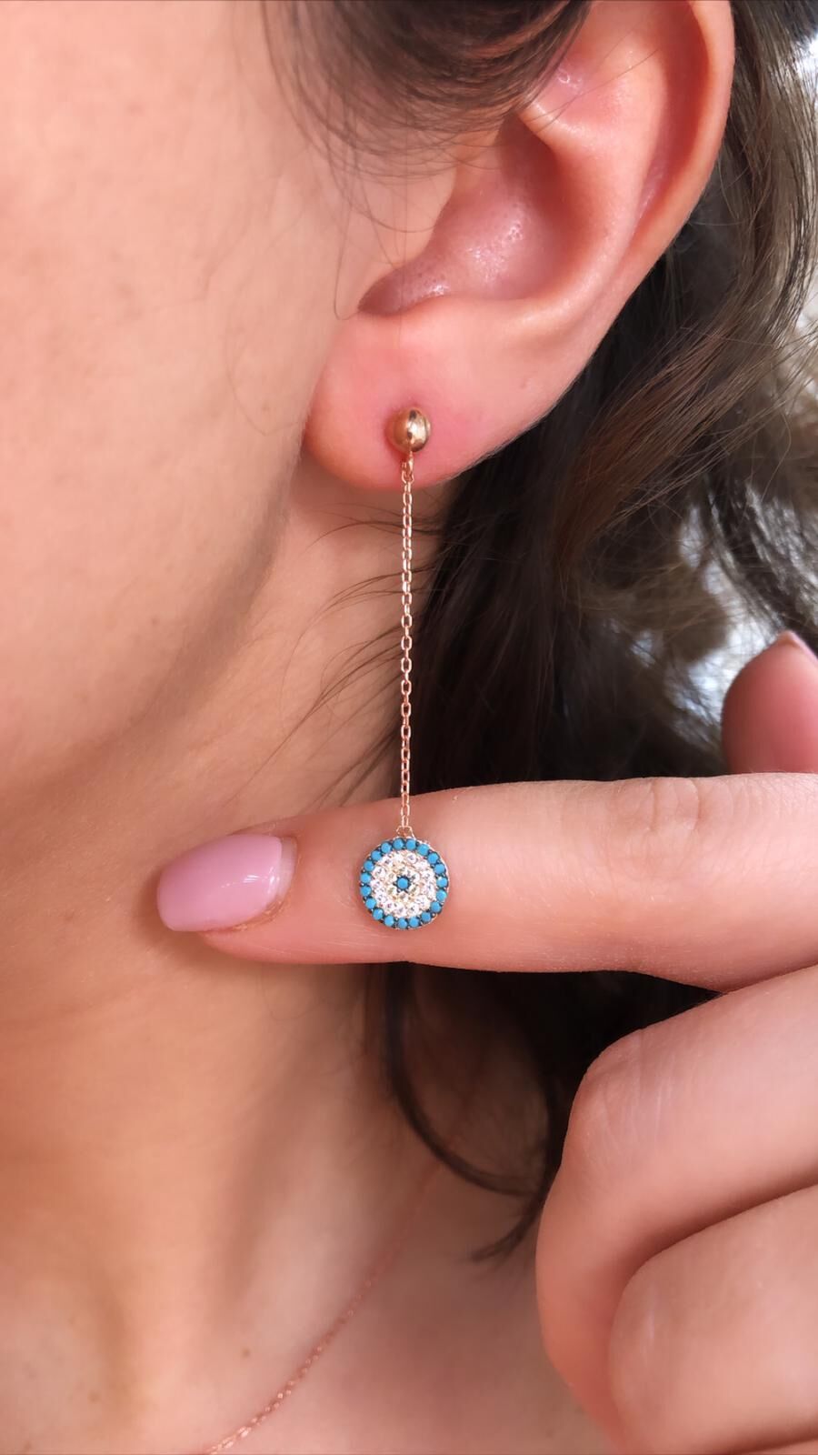 Gümüş Taşlı Zincirli Küpe Nazar Modeli