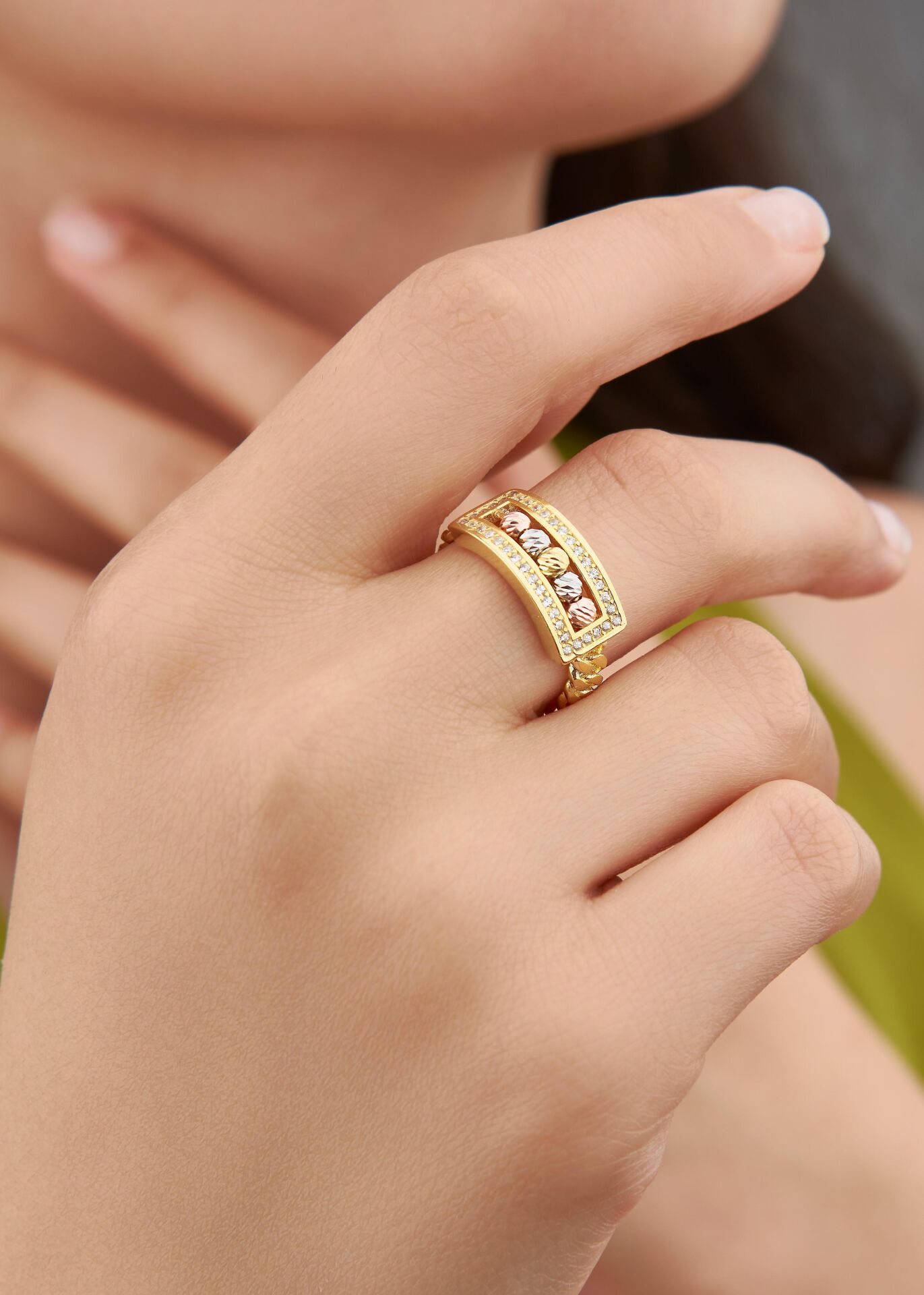 GÜMÜŞ DORİKA TOPLU DİKDÖRTGEN İTALYAN TEK SIRALI ROSE ALTIN RENKLİ YÜZÜK