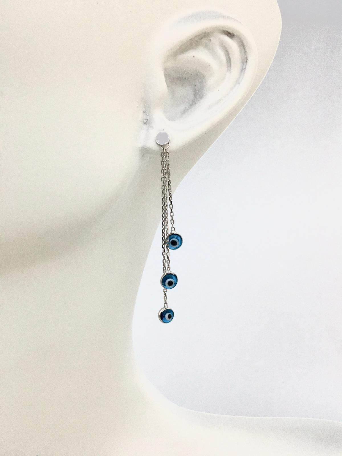 GÜMÜŞ NAZAR BONCUKLU ÜÇ ZİNCİRLİ SALLANTILI KÜPE