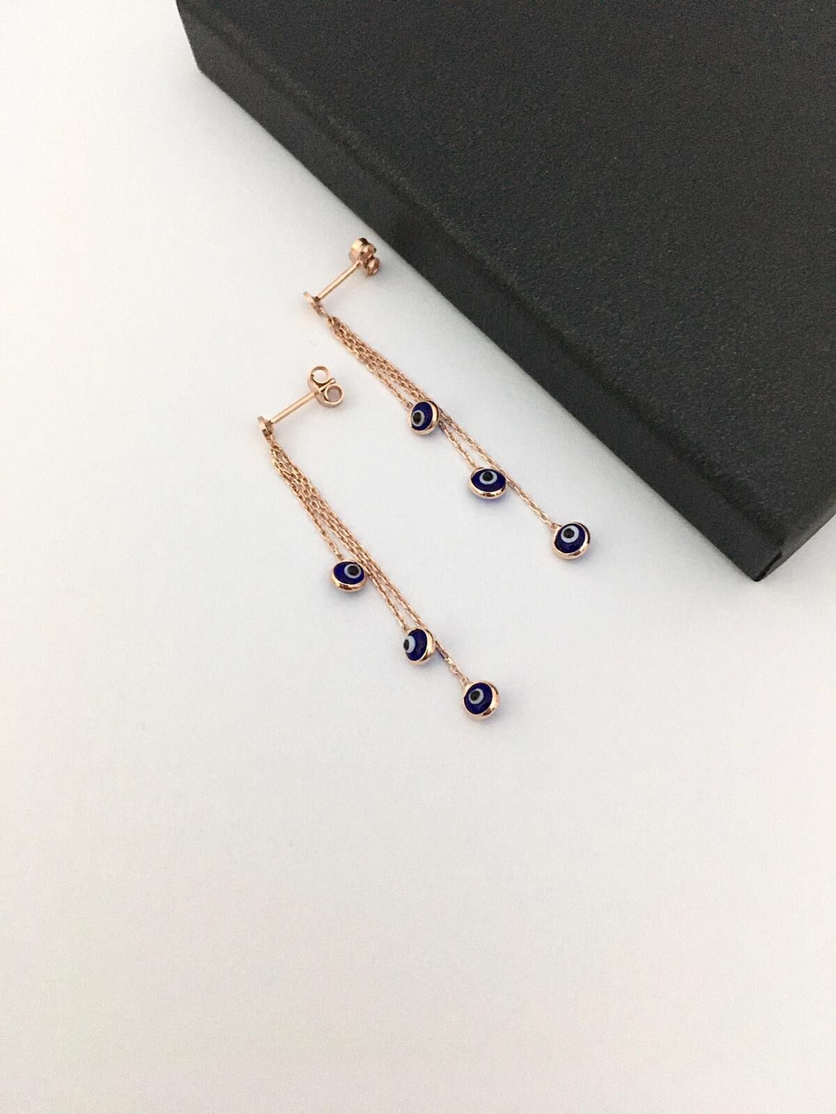 GÜMÜŞ ROSE NAZAR BONCUKLU KOYU MAVİ RENKLİ  ÜÇ ZİNCİRLİ SALLANTILI KÜPE