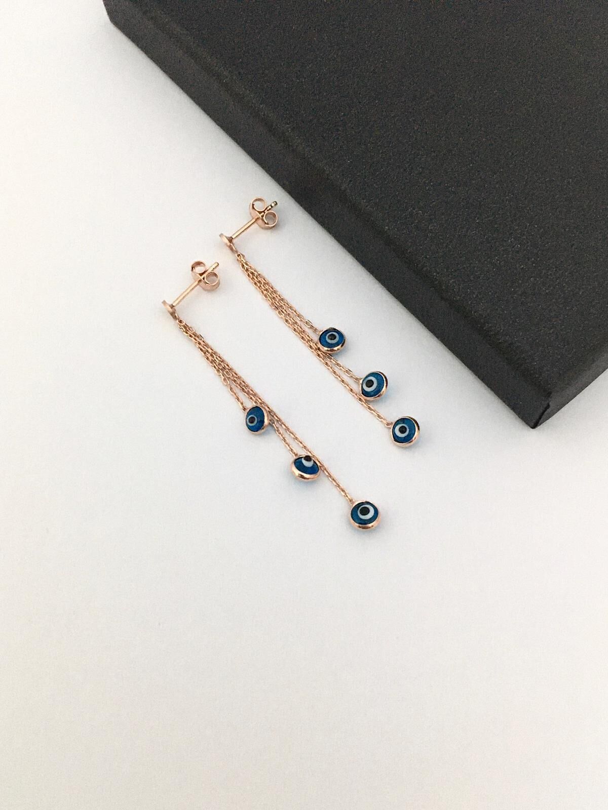 GÜMÜŞ ROSE NAZAR BONCUKLU AÇIK MAVİ RENKLİ  ÜÇ ZİNCİRLİ SALLANTILI KÜPE