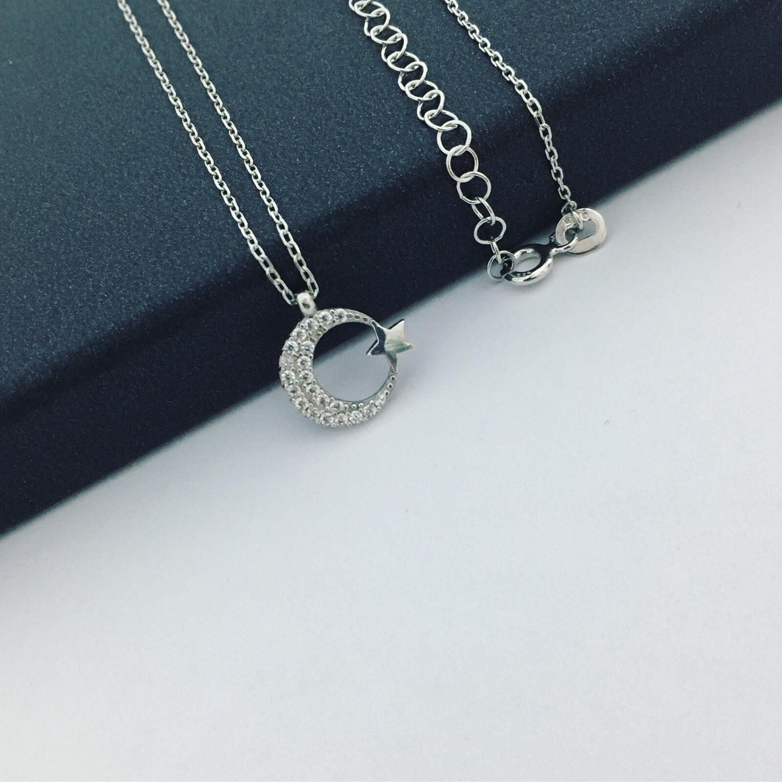 AY YILDIZ ZİRKON TAŞLI GÜMÜŞ KOLYE