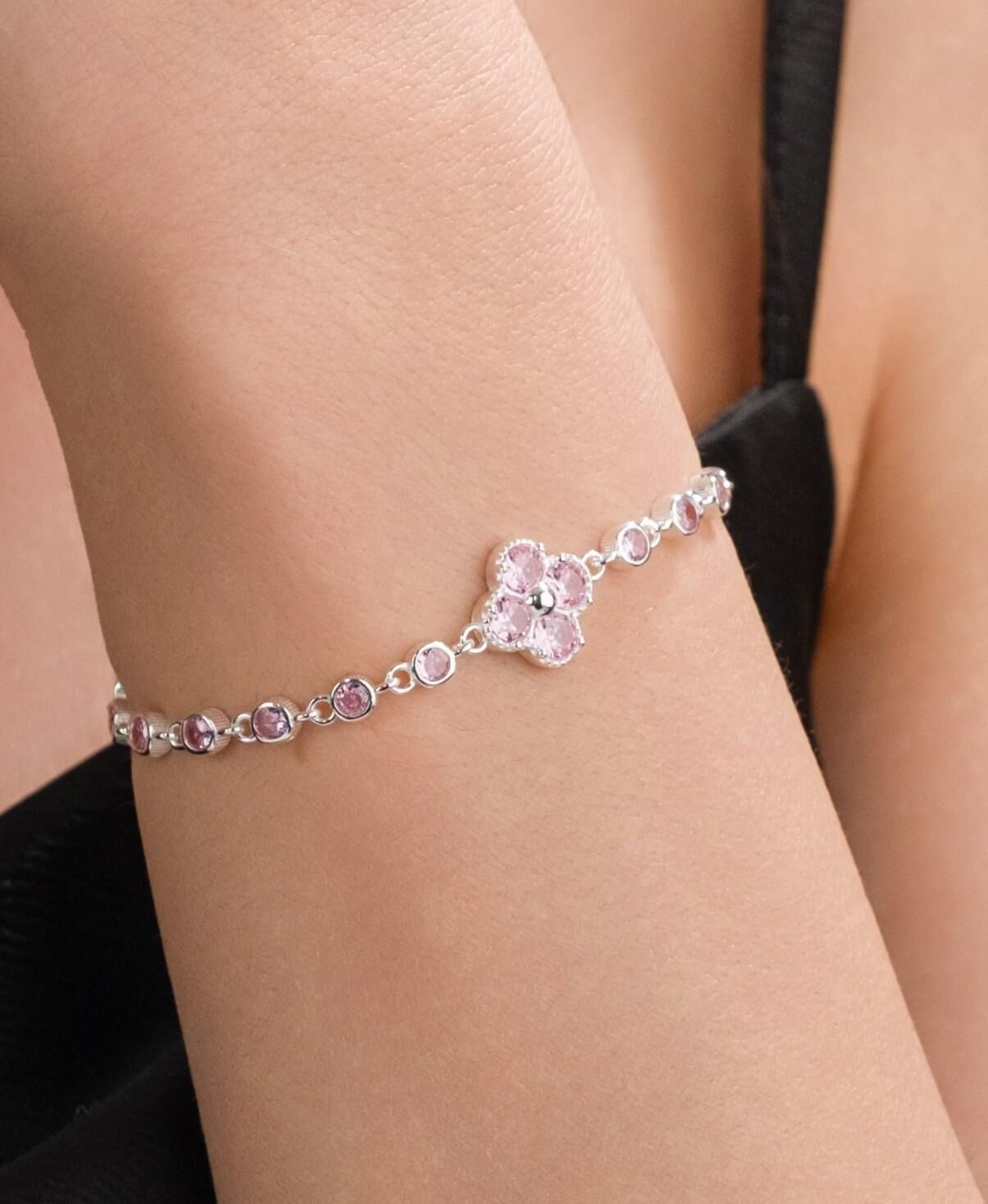 Gümüş Yonca Çiçek Açık Pembe Zirkon Taşlı Su Yolu Bileklik