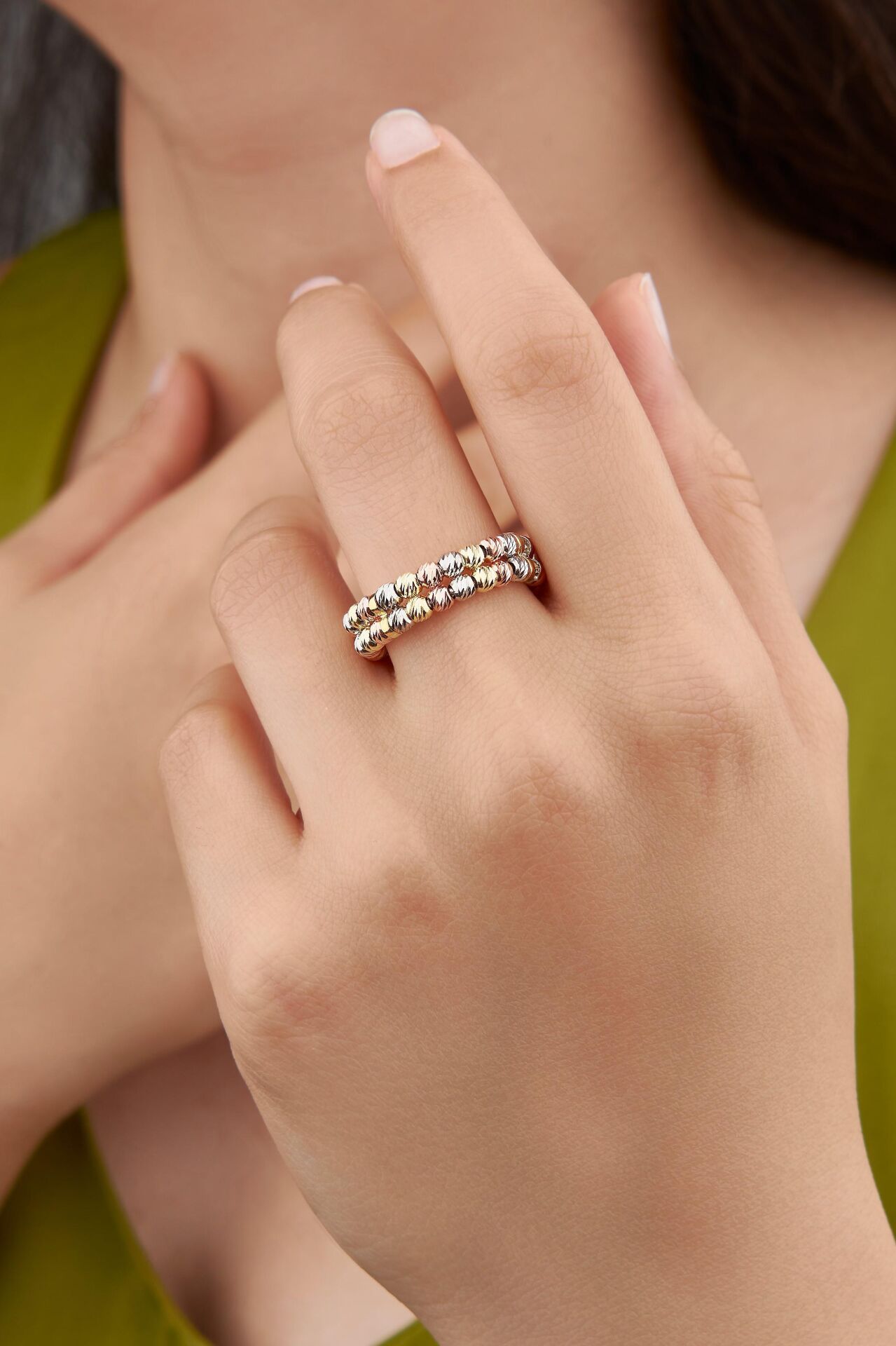 GÜMÜŞ DORİKA TOPLU İTALYAN İKİ SIRALI ROSE ALTIN RENKLİ AYARLANABİLİR YÜZÜK