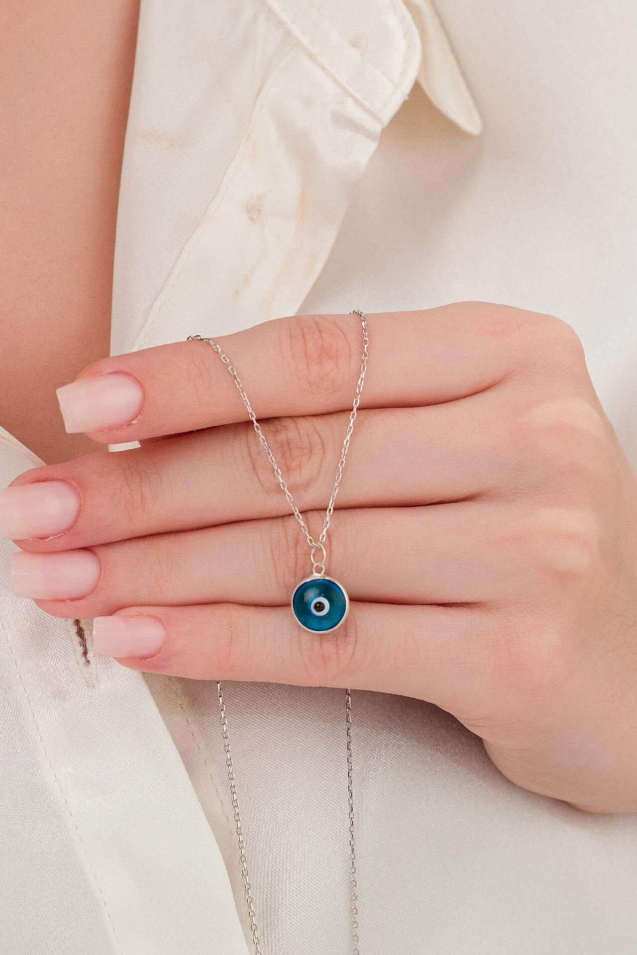 10 mm Gümüş Turkuaz Açık Mavi Nazar Boncuğu Cam Göz Kolye