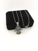 GÜMÜŞ TELKARİ FİRUZE TAŞLI FATMA ANA ELİ KOLYE