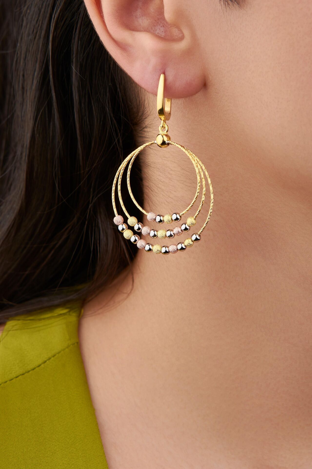 GÜMÜŞ DORİKA ROSE ALTIN  İTALYAN MODEL YUVARLAK ÜÇLÜ SALLANTILI KÜPE