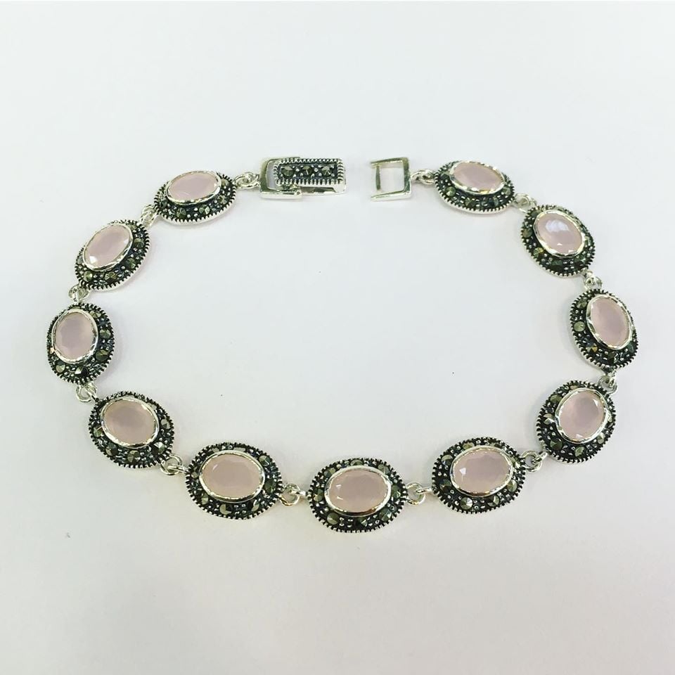 GÜMÜŞ MARKAZİT VE PEMBE KUVARS TAŞLI BİLEKLİK