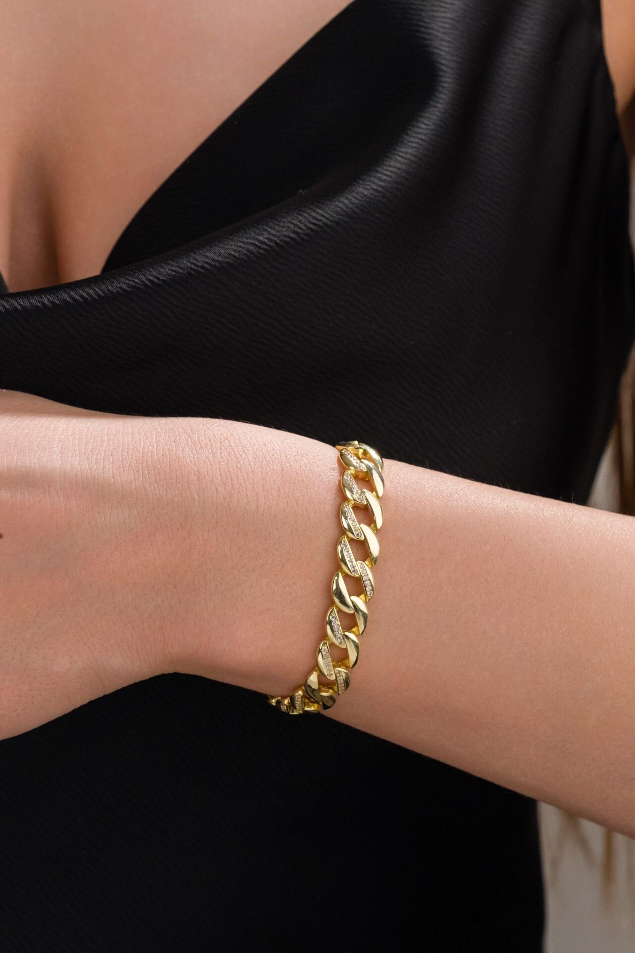 9.5 mm Gümüş 22 Ayar Altın Gold Kaplama Gurmet Zincir Beyaz Zirkon Yarı Taşlı Bileklik