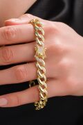 9.5 mm Gümüş 22 Ayar Altın Gold Kaplama Gurmet Zincir Beyaz Zirkon Yarı Taşlı Bileklik
