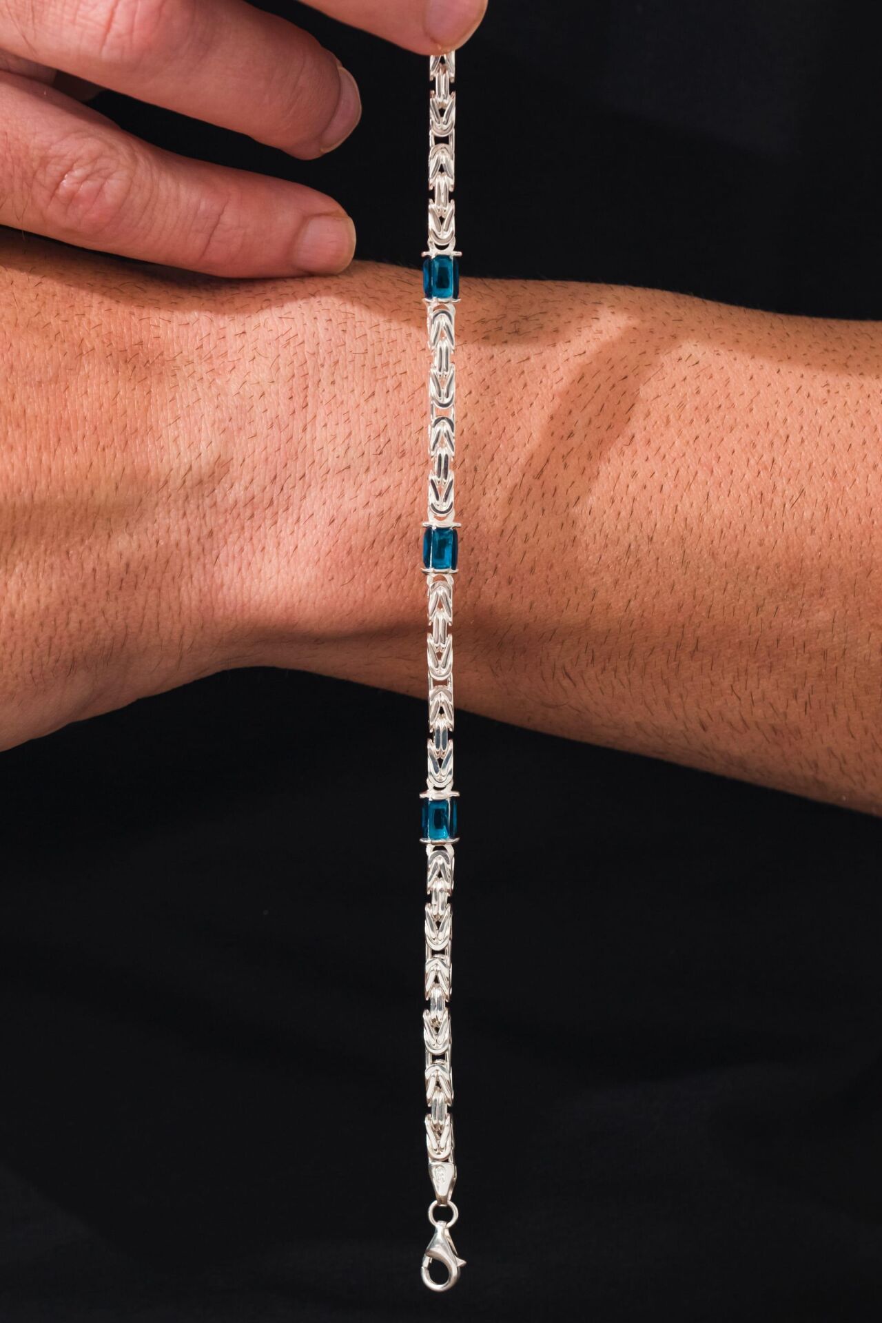 GÜMÜŞ 3 MM ERKEK KRAL BAGET MAVİ LACİVERT ZİRKON TAŞLI ZİNCİR ZİNCİRİ BİLEKLİK