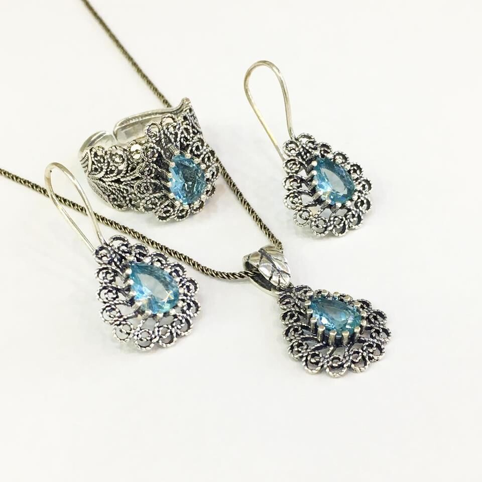 GÜMÜŞ TELKARİ AÇIK TURKUAZ ZİRKON DAMLA SET