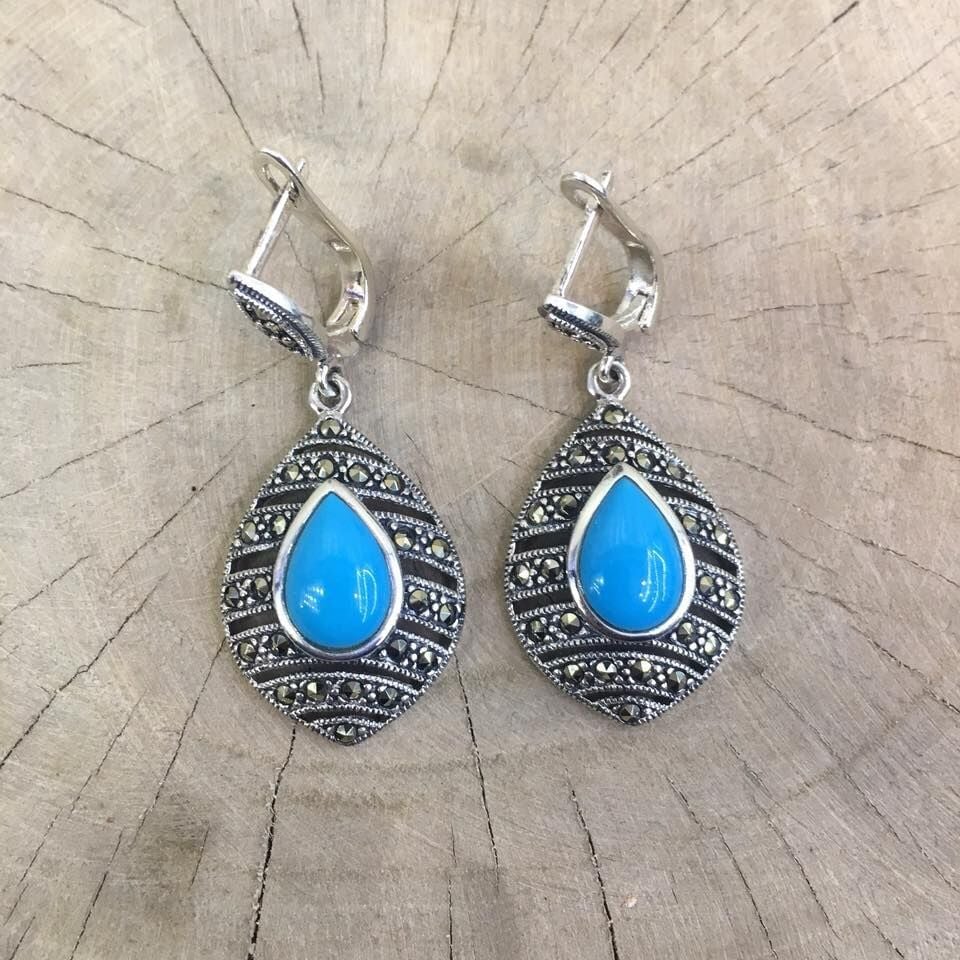 925 AYAR GÜMÜŞ MARKAZİT FİRUZE TAŞLI KÜPE